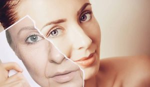 Before-and-after style image of a woman showing ageing vs Woman holding a torn photo showing an older version of her face beside her current complexion—used by Dermaline Aesthetics in Berkhamsted to illustrate menopause-related skin changes.